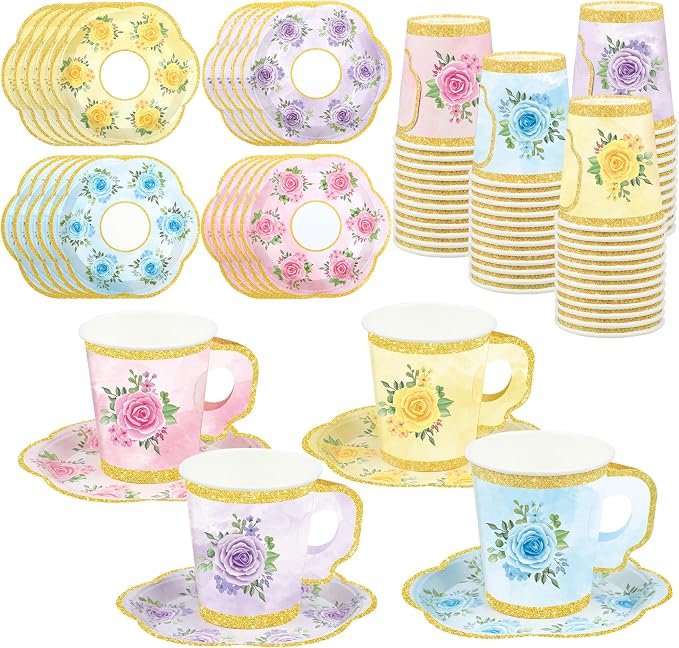 48 Sets Floral Paper Tea Cups and Saucers Disposable Tea Party Supplies by Fairooth