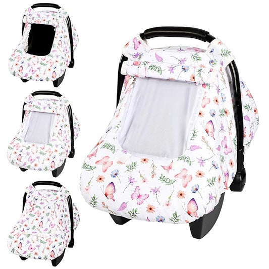 Pea Pod Car Seat Cover Baby, Infant Car Seat Canopy Covers with 2 Layers Windows of Breathable Mesh Fabric, Lightweight Polyester, Soft Minky Dot Backing (Butterfly Pattern)