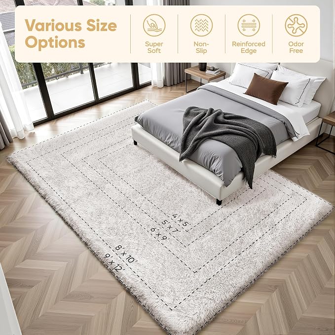 Area Rug for Living Room Bedroom: 6x9 White Soft Fluffy Shag Upgrade Non-Slip - Image 9