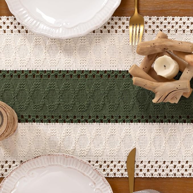DeZerlor Ivory&Olive Green Boho Macrame Farmhouse Woven Table Runner 108In | - Image 8