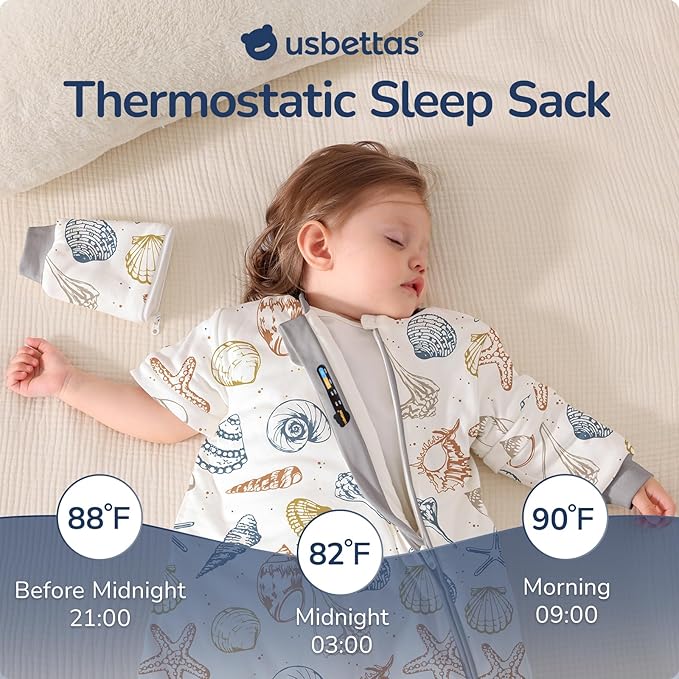 Baby Sleep Sack 3-6 Months, Cotton Detachable Long Sleeve Sleep Sack, 2.5 Tog Toddler Sleeping Sack with Temperature Strips, 2-Way Zipper Wearable Blankets for Newborns, Ocean