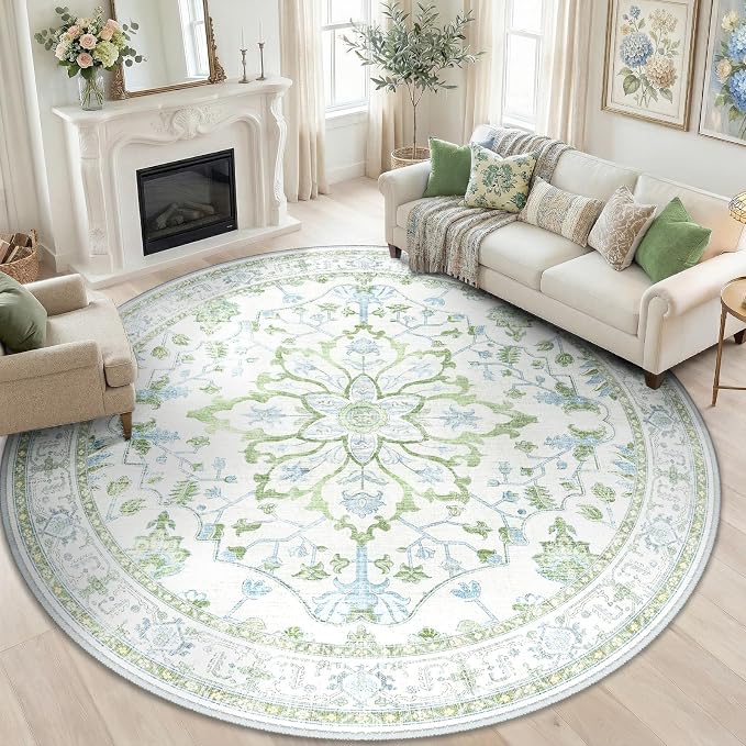 RELEANY Area Rugs Round 8ft Washable Non-Slip, Floral Vintage Distress by RELEANY