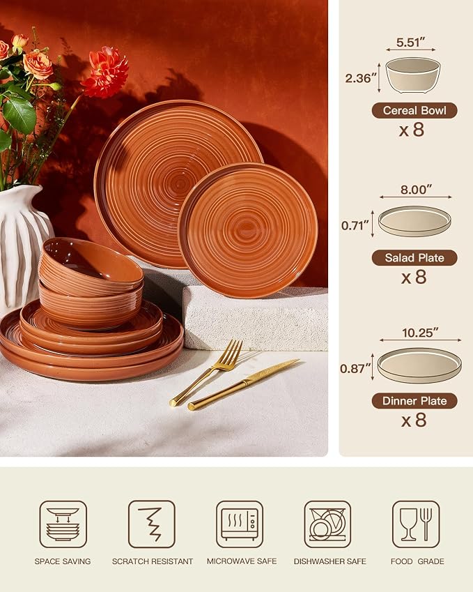 Dinnerware Set for 8, Ceramic Plates and Bowls, Terracotta | 24 pcs Speckled - Image 6