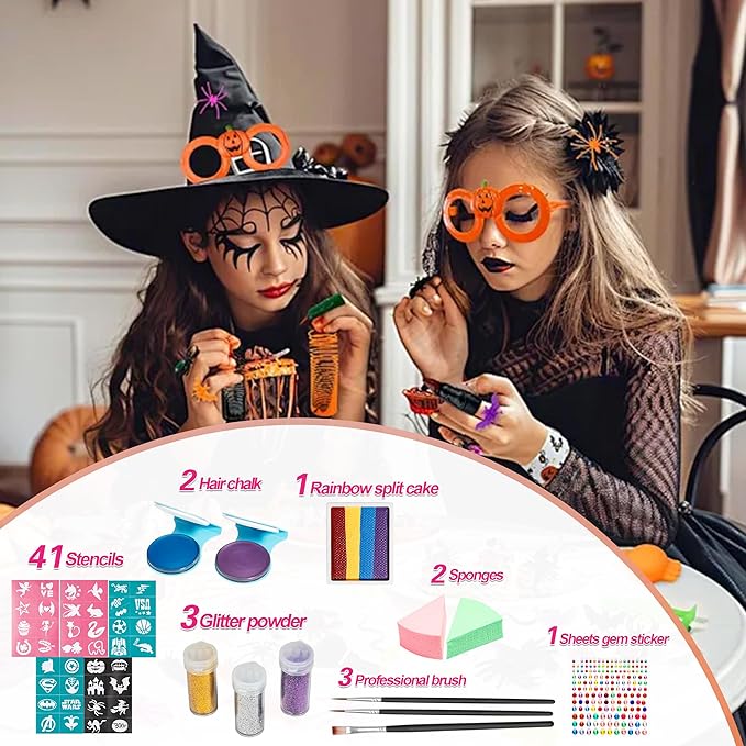 Maydear Face Painting Kit for Kids - 20 Colors Water Based Makeup Palette with Stencils, Glitters, Rainbow Split Cake, Hair Dye Clips, for Parties, Halloween, Safe Professional Body & Face Paint Kit
