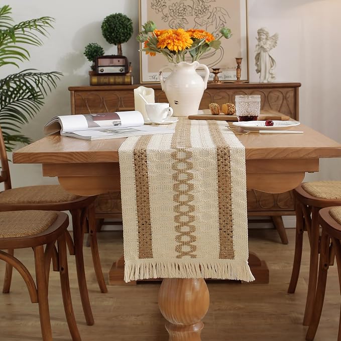 Boho Summer Table Runner with Tassels 12 x 72 Inches Long, Cream & Brown Rustic - Image 3