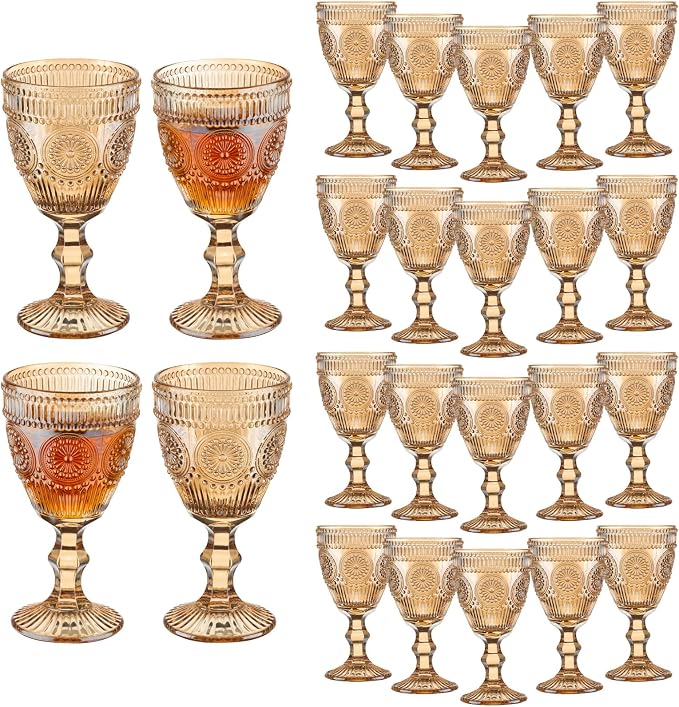 24 Pcs Vintage Wine Glasses, 10 Oz Colored Glass Water Goblets, Unique Flower by XKXKKE