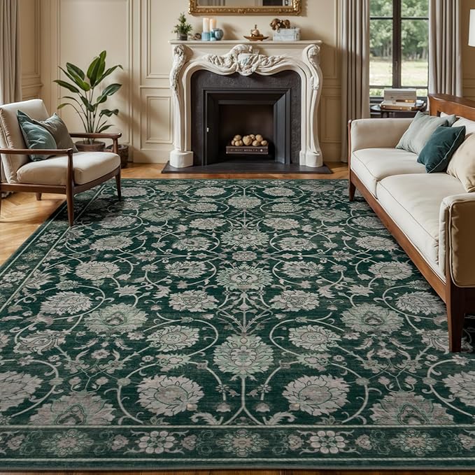 Floral 8x10 Area Rugs for Living Room, Washable Large Bedroom Rug, Soft Non Slip Carpet, Stain Resistant Low Pile Carpets for Indoor Under Table Dining Home Office Nursery, Dark Green