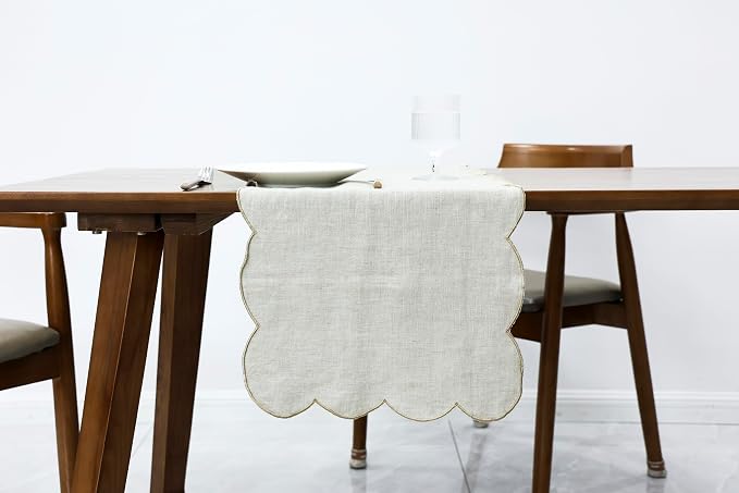 100% Natural Linen Rustic Scalloped Embroidery Table Runner 120 Inches Long by AORISSI