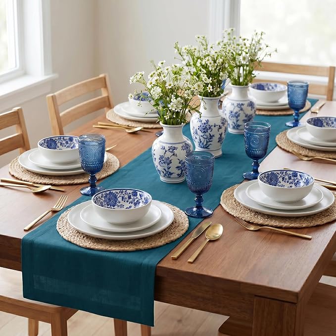 Solino Home 100% Pure Linen Table Runner Blue, Fete 14 x 144 Inch Long | Table - Image 2