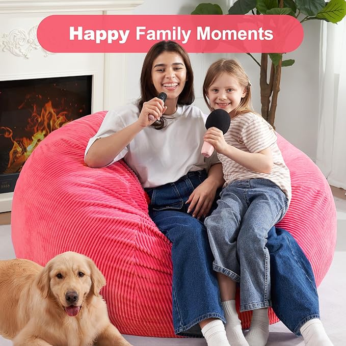 Homguava 3.5FT Bean Bag Chair: Teardrop Bean Bags with Memory Foam Filled, Compact Beanbag Chairs Soft Sofa with Corduroy Cover (Pink)