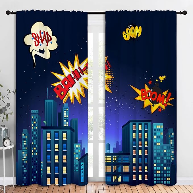Superhero Rod Pocket Blackout Curtains for Boy Girl Bedroom, Cartoon Skyline Buildings Cityscape Home Energy Efficient Light Filtering Window Curtain for Living Room, 84x84 inch