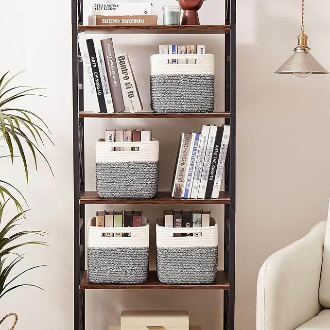 OIAHOMY 4 Pack Storage Baskets for Organizing, Basket for Shelves with Handle, Woven Baskets for Storage Toys, Towels, Books, Cotton Rope Basket 13" L x 9 " W x 7.8 " H, Black & White