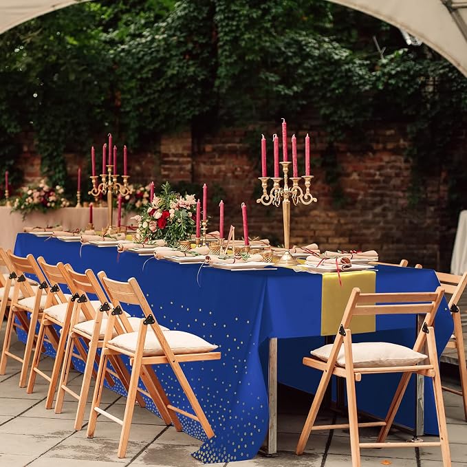 12Pack Disposable Plastic Tablecloths and Satin Table Runner Set Blue and Gold - Image 6