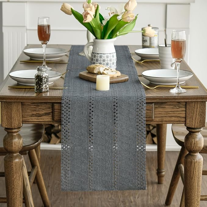 Artoid Mode Dark Grey Woven Farmhouse Hollow Table Runner 12x36 Inch | Holiday - Image 3