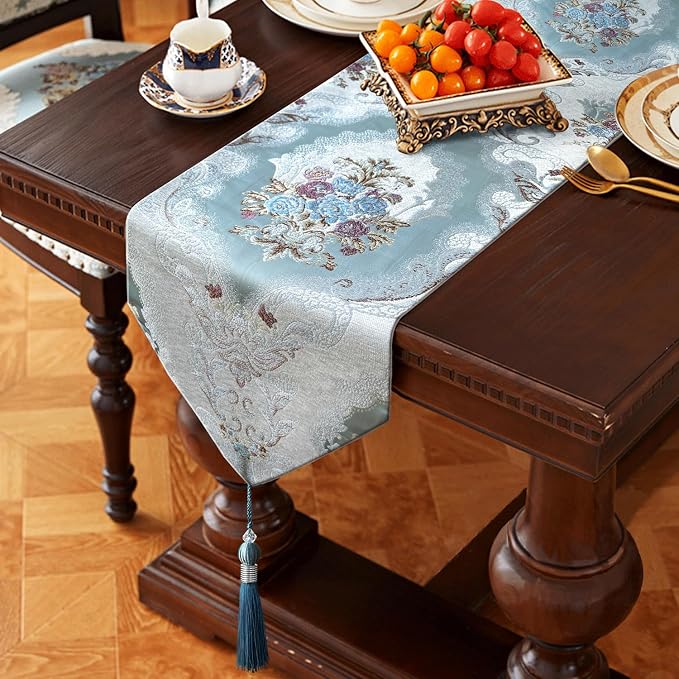 Damask Luxury Table Runner 72 inches Long Textured Chenille Light Blue | Decor by HeMiaor