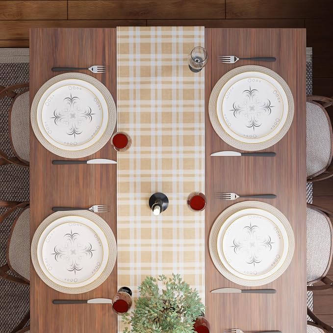 Encasa XO Table Runner, Woven Cotton Dining Runner 13"x72" Franca Beige Checks - Image 6