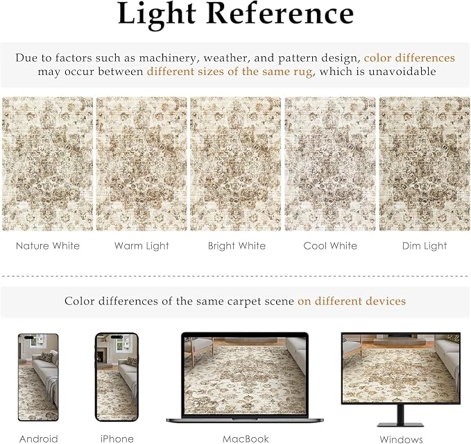 12x15 Neutral Area Rug Brown Vintage Living Room Bedroom Washable Carpet - Image 9
