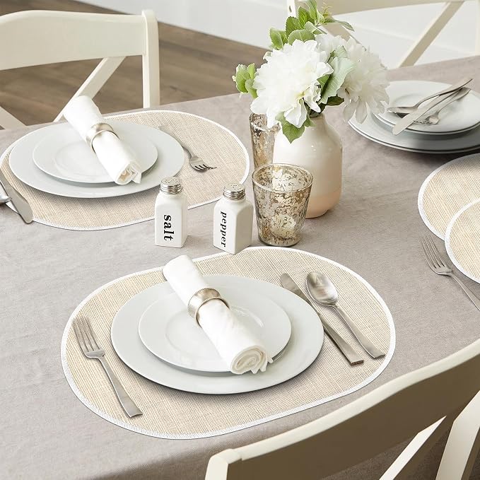 Beige Placemats Set of 4, 12x18 Inch Oval Washable Place Mats Easy to Clean - Image 2
