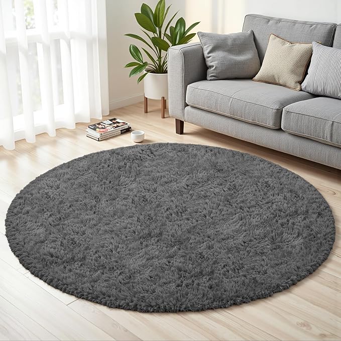Dark Gray Round Fluffy Rug 6ft Plush Fuzzy Shaggy Carpet, Soft Rugs by Unknown