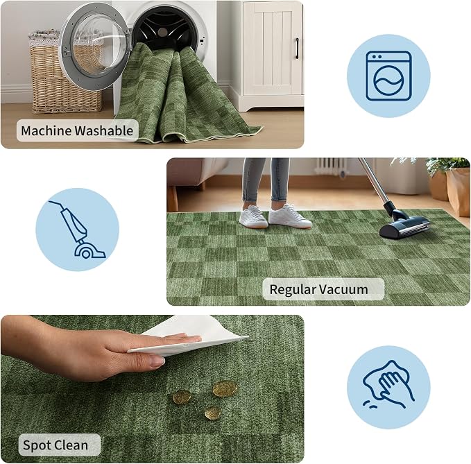 GarveeHome Moss Green Checkered Rug, Washable 3x5 Rug Non Slip - Image 7