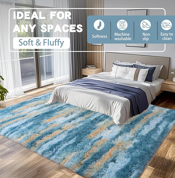 Shag Rugs for Living Room 8x10, Ultra Soft Fluffy Abstract Blue Yellow Fuzzy - Image 5