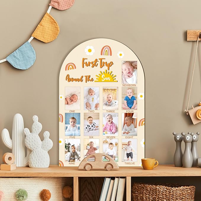 R HORSE My First Year Photo Frame Board, 3D Boho Sun Rainbow Display Wood Board, Baby’s 1st Year Picture Frame, 12 Months Milestone One Year Old Birthday Decoration, Baby Keepsake Gift for Boy Girl