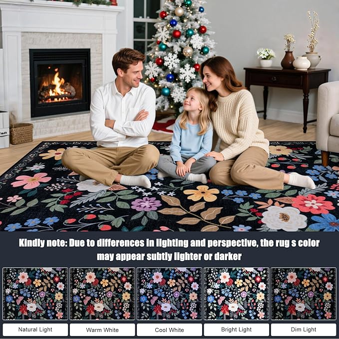Round Area Rug for Living Room: 8 ft Floral Washable Circle Rug Soft Boho - Image 9