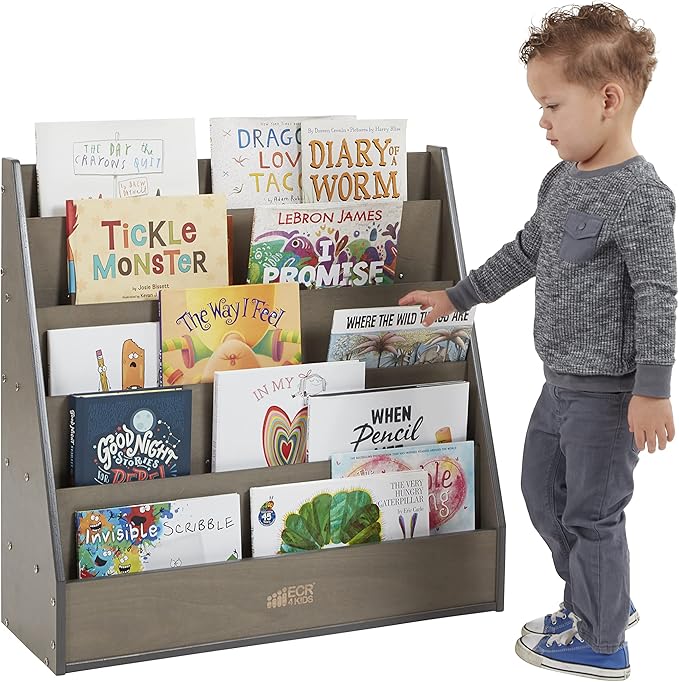 ECR4Kids Streamline Single-Sided Book Display with Storage, Classroom Bookshelf, Grey Wash