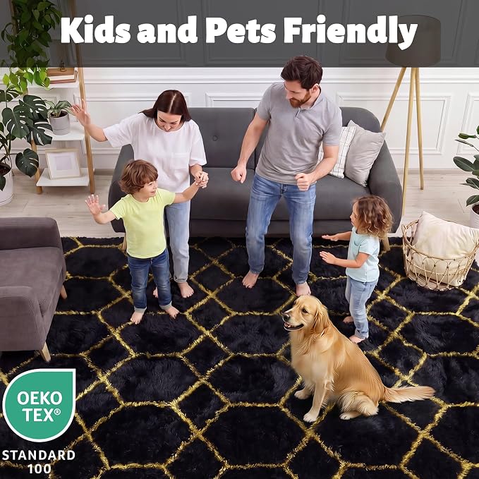 ONASAR 5x7 Area Rugs for Living Room Bedroom, Fluffy Black and Gold Faux Fur Rug - Image 4