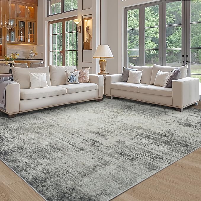 10x14 Area Rugs for Living Room: Soft Abstract Large Area Rug Non-Shedding Anti-Skid Stain Resistant Indoor Floor Modern Washable Rugs for Bedroom Dining Room Nursery Farmhouse Home Office-Black/Gray