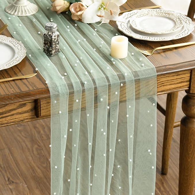 Artoid Mode Pearl Grass Green Gauze Table Runner 59x120 Inch, Seasonal Sheer by ArtoidMode