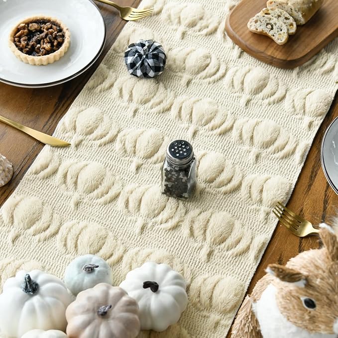 Artoid Mode Beige Soft Faux Fur Pumpkins Fall Table Runner 13x72 Inch | - Image 4