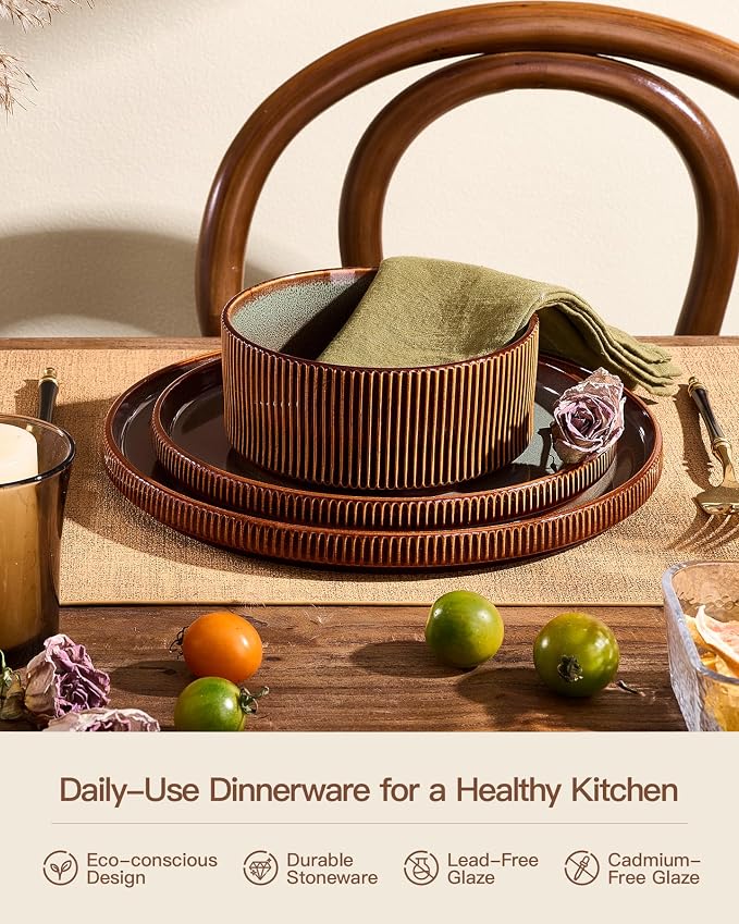 Stoneware Dinnerware Set for 4, Handmade Ribbed Dishes, Everyday Use, Microwave - Image 5