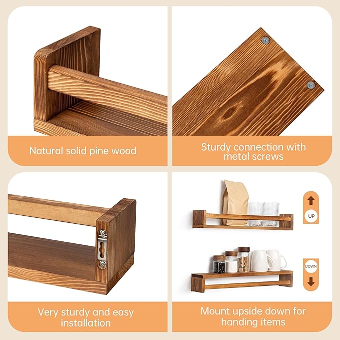 Fun Memories Nursery Book Shelves - Rustic Natural Solid Wood Floating Bookshelf for Kids - Wall Book Shelves for Kids Room (Carbonized, 32inch - 2P)