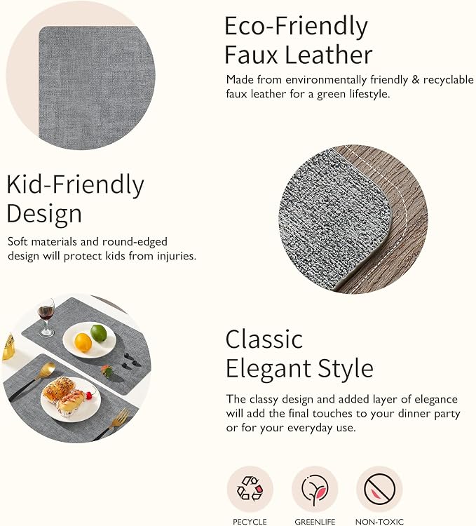 Maxpearl Faux Leather Placemats Set of 8, Light Grey | Waterproof - Image 3