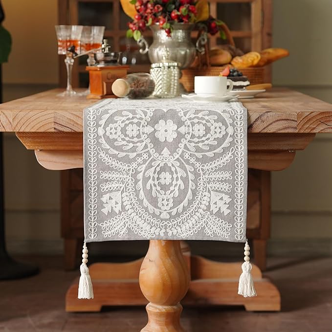 Coffee Table Runner Embroidered Boho Dresser Scarf, 4 Tassel Pendants, Layered - Image 2