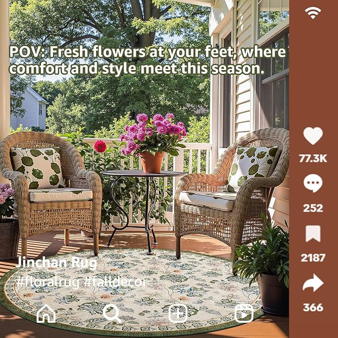 jinchan 6ft Floral Round Rug for Dining Room Washable Living Room Rug Vintage Romance Design Non Slip Indoor Floor Cover Lightweight Low-Profile Throw Carpet for Bedroom Porch Patio, Green/Beige