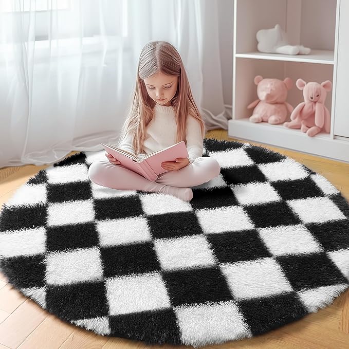 KICMOR Round Rug 4ft for Bedroom, Indoor Checkered Circular Rug for Kids Room by KICMOR