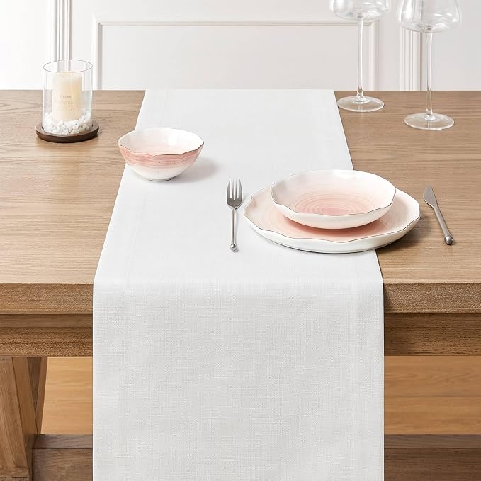 Linen Textured Border Table Runner, 14 x 90 Inch White | Mitered Corner Design - Image 3