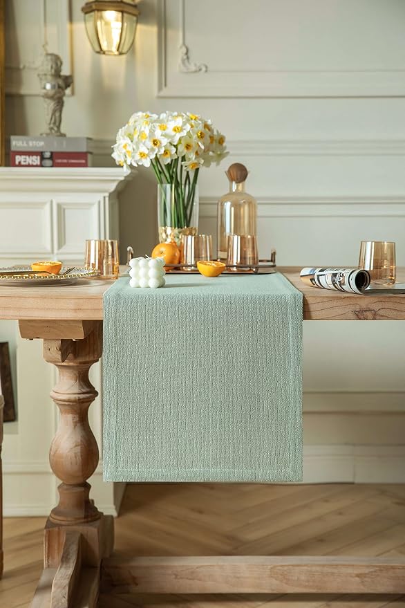 Burlap Style Farmhouse Table Runner, 14x72 Inches Seafoam | Thick Durable Fabric - Image 2
