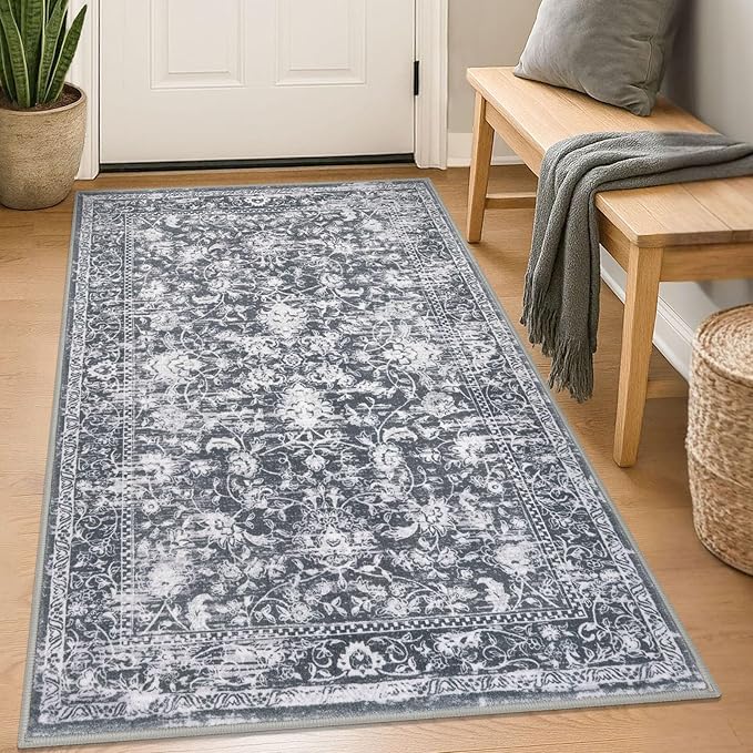 KILOCOCO Area Rug 3x5 Entryway Rug Washable Printed Vintage Floral Rubber by Kilococo