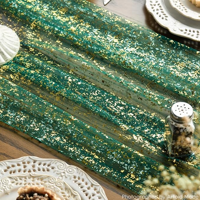 Artoid Mode Green Gold Gauze Table Runner 120 Inch 10Pcs, Glitter Metallic Foil - Image 5