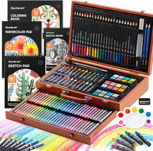 Shuttle Art 149 Piece Deluxe Art Set, Art Supplies in Wooden Case, Painting Drawing Art Kit with Crayons Colored Pencils Oil Pastels Watercolor Cakes Coloring Book Sketch Pad for Kids Adults