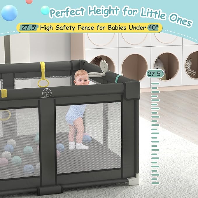 Foldable Playpen for Babies and Toddlers, 50" X 50" Large Collapsible Play Pen with Basket, 4 Handlers & 50 Ocean Balls, Portable Travel Play Yard with Carry Bag, No Installation, Grey