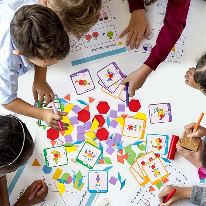 LovesTown 209 PCS Shapes Wooden Pattern Blocks for Kids,Geometric with Activity Cards and Storage Bag, Educational Tangram Puzzles,Great Learning Gift from Parents or Teachers