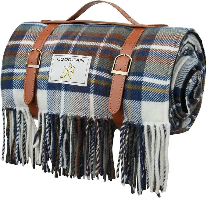 G GOOD GAIN Waterproof Picnic Blankets- Extra Large Outdoor Blanket Foldable, Beach Blanket with PU Handles, Sand-Proof Picnic Mat for Hiking, Camping, Lawn, Park, Grass. Blue Check
