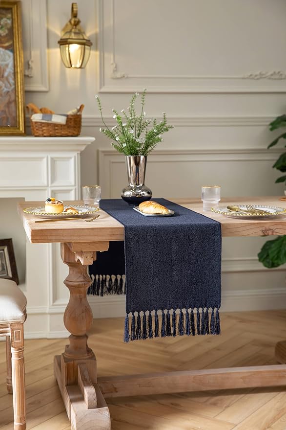 Navy Table Runners 108 Inches Long, Burlap Linen Style Rustic Farmhouse Table - Image 3