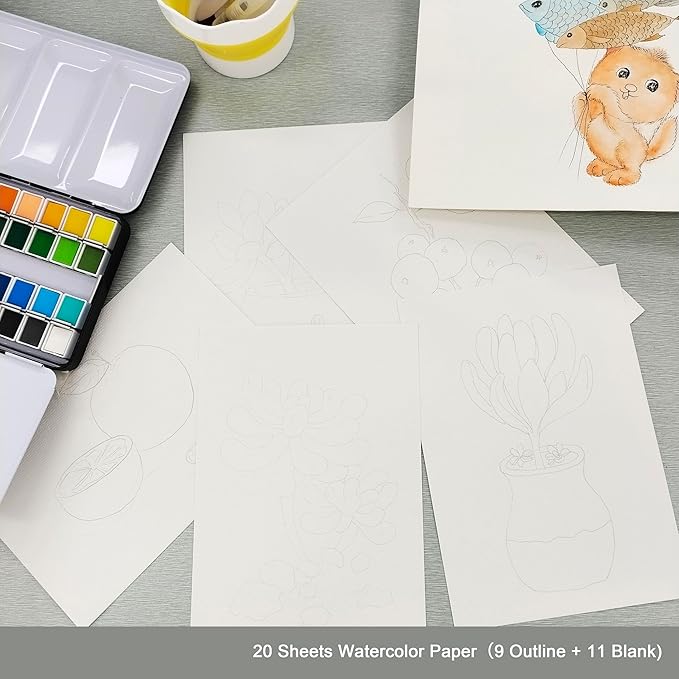 Watercolor Paint Set, 48 Premium Colors,Artist Grade, Includes 2 Artist Brushes,20 sheet Water color Paper Pad,2 Water Pen, Perfect Travel Watercolor Set for Artists and Painting Lovers