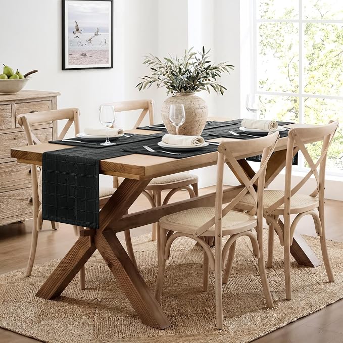 Linen Checked Farmhouse Table Runner, 13x48 Inches Black | Raised Grid Design - Image 3