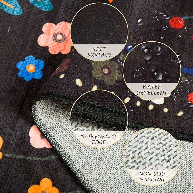 Floral 3x5 Area Rug Machine Washable Soft Print Boho Carpet Non Slip Doormat Low Pile Flower Area Rugs for Living Room Bedroom Nursery Kitchen Dining Room Indoor-Black